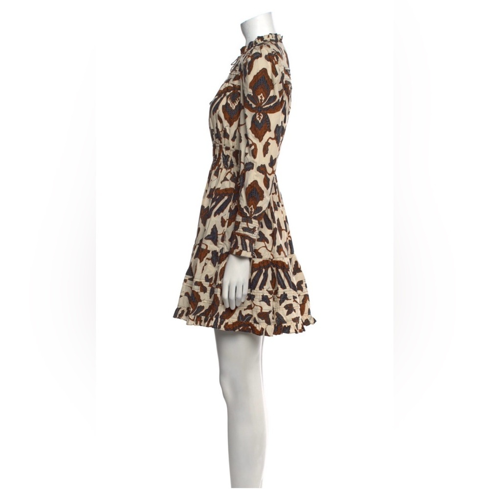 Ulla Johnson Brown Cream Print Mini Dress Sz 0 Boho Ruffle Cotton - Picture 4 of 9